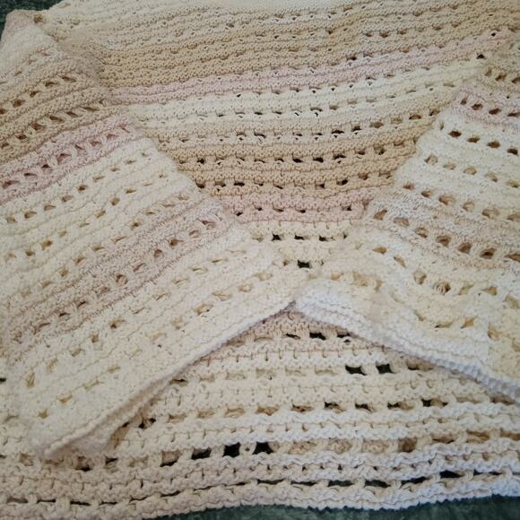 Gap Chunky Open Knit Sweater 100% Cotton Beachy Tan Pink White Crochet Layering - Picture 3 of 9